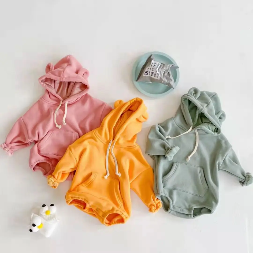 

Cotton fleece infant baby clothes plain hooded newborn baby rompers, As pic