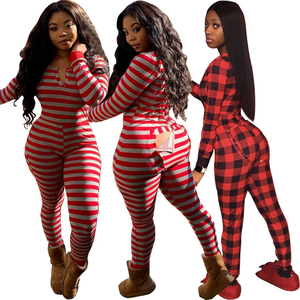 

2021 Designs Stripe Printed Onsies With Butt Flap For Women Onsies Adult Onsie pajamas, Customized color