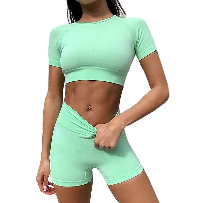 

New T And Shorts Sportswear Home Workout Gym Set Fintess Crop Girl New Yoga Activewear For Woman Shirt