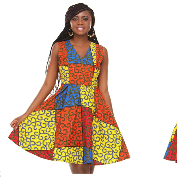 

2021 Hot Fashion Women's Sleeveless Print Ankara Dress Deep V-neck african traditional dresses For Party, Customized color