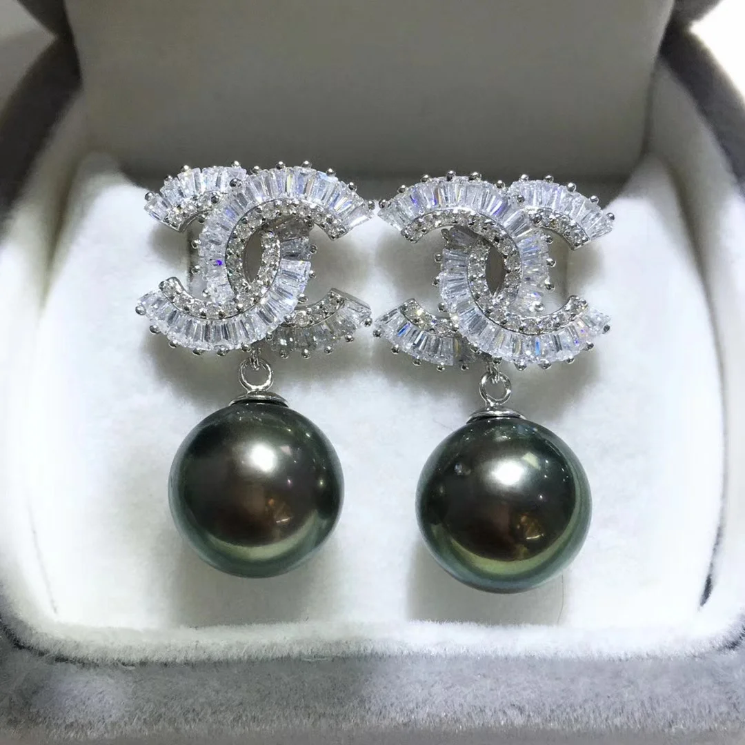 

477E 12-13mm Real Natural Black color Tahitian Pearl 925 Sterling Silver With Gold Plated earring simple style for women