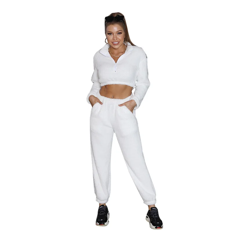 

High-quality fashion winter solid color plush ladies suits long sleeve crop top elastic waist two piece pants set women 25414P, Customized color