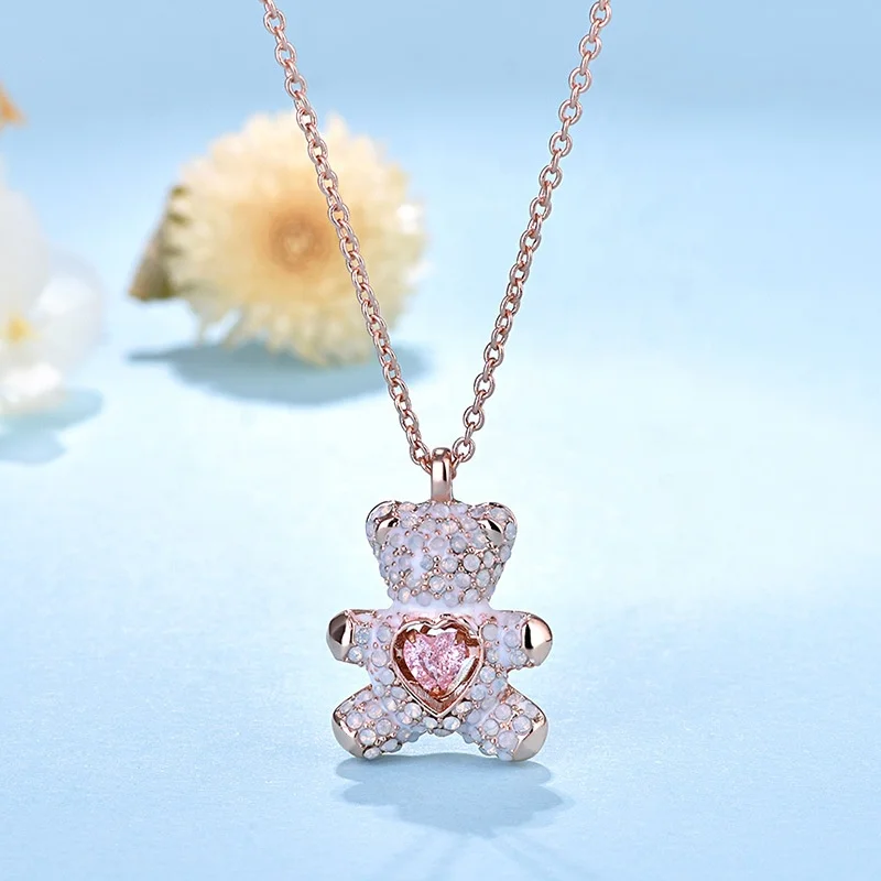 

PUSHI minimalist dainty pink diamond teddy bear necklace animal charm necklace jewelry girlfriend heart pendant necklace