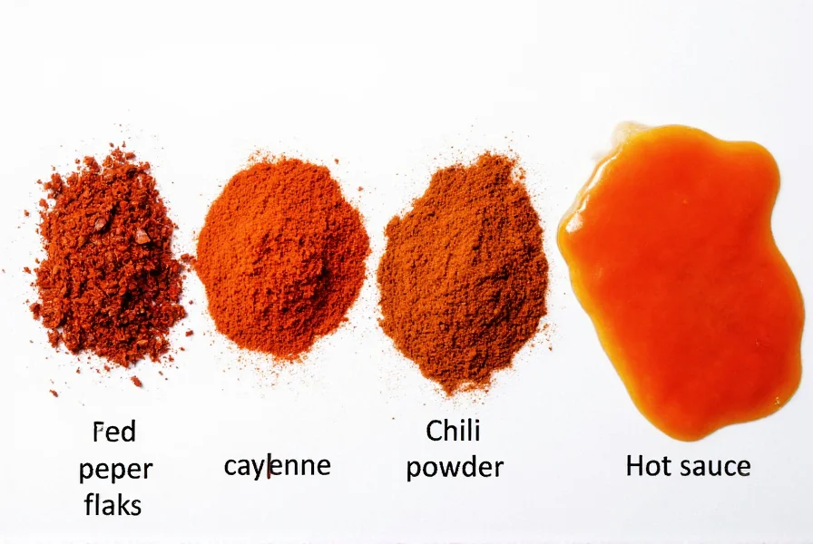 Various chili products arranged for comparison: red pepper flakes, cayenne powder, chili powder, and hot sauce
