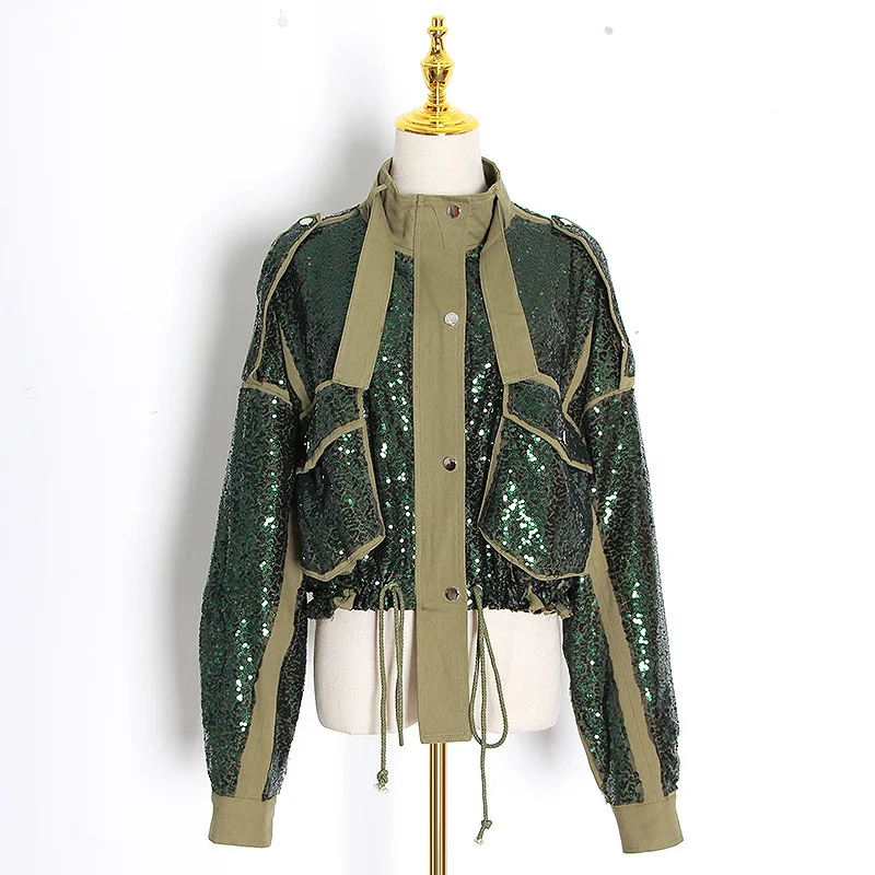 

2021 Autumn New Fashion Symmetrical Pocket Olive Green Luxury Coats Sequined Drawstring Long Sleeve Womens Coat