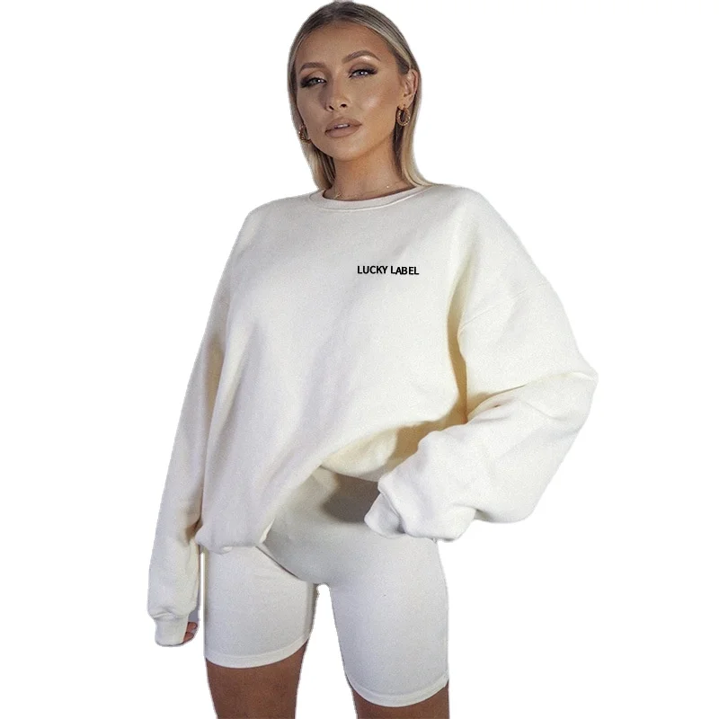 

2020 custom pullover winter Long Sleeve white oversize hoodies casual tracksuit two pieces biker short sets for women hoodie