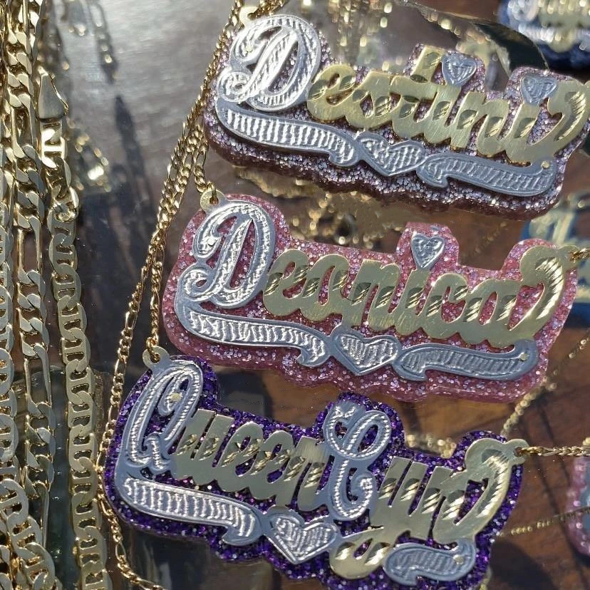 

2021 New Child Double Plated Name Necklace Fashion Personalized Candy Color Kids Birthday Gift Custom Acrylic Pendant Necklace, Picture