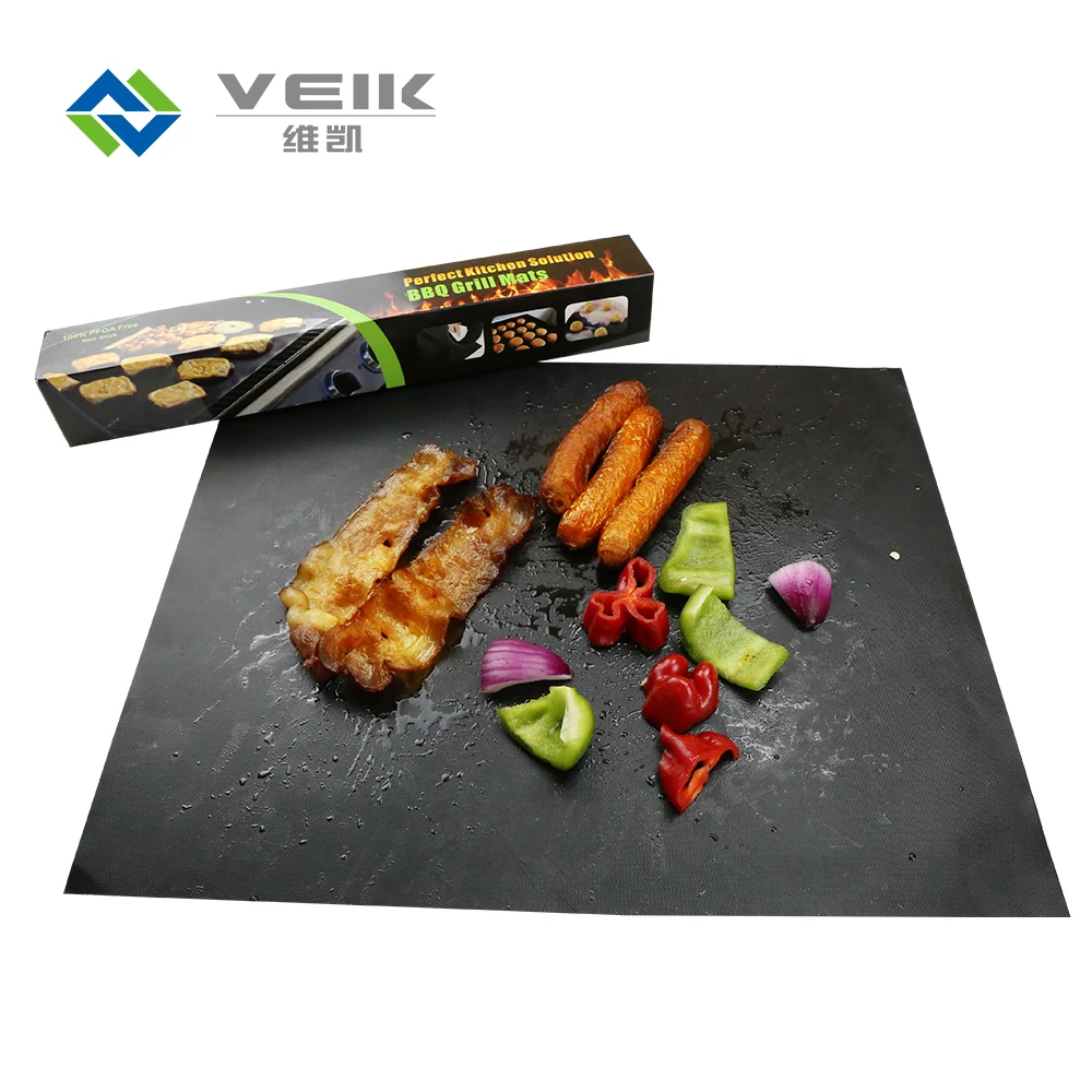 

Reusable Customized food grade PTFE non-stick charcoal bbq grill mat cooking sheet, Black, brown ,