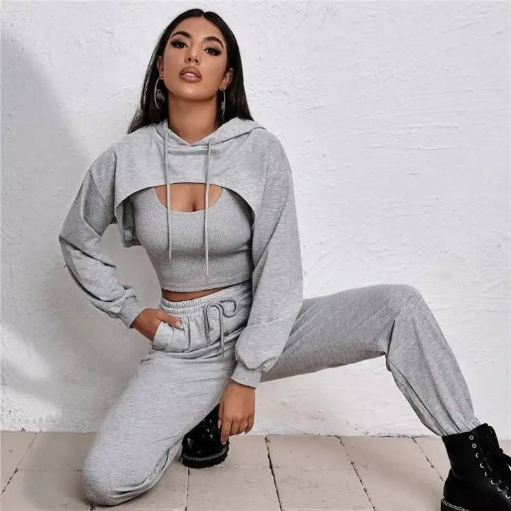 

QueenMoen New Trendy Womens Fall Clothing 2021 Ladies Crop Top Hoodie Pants Tracksuit Outfits Three Piece Suit For Women