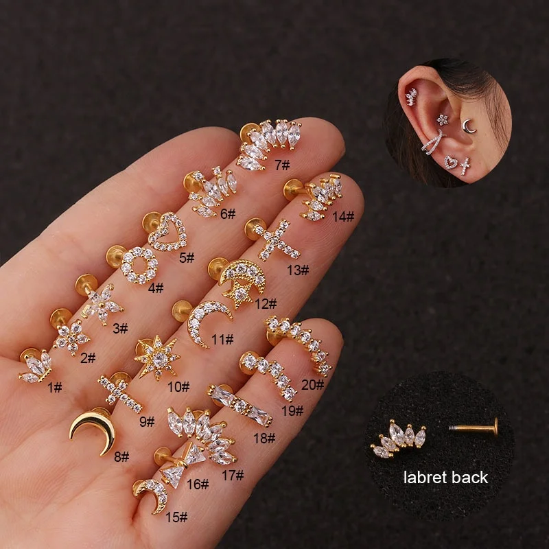 

Geometric T-Shaped Earrings Stainless Steel Crown Crystal Ear Bone Stud Piercing Earring Body Threaded Labret Jewelry for Women, Gold and silver