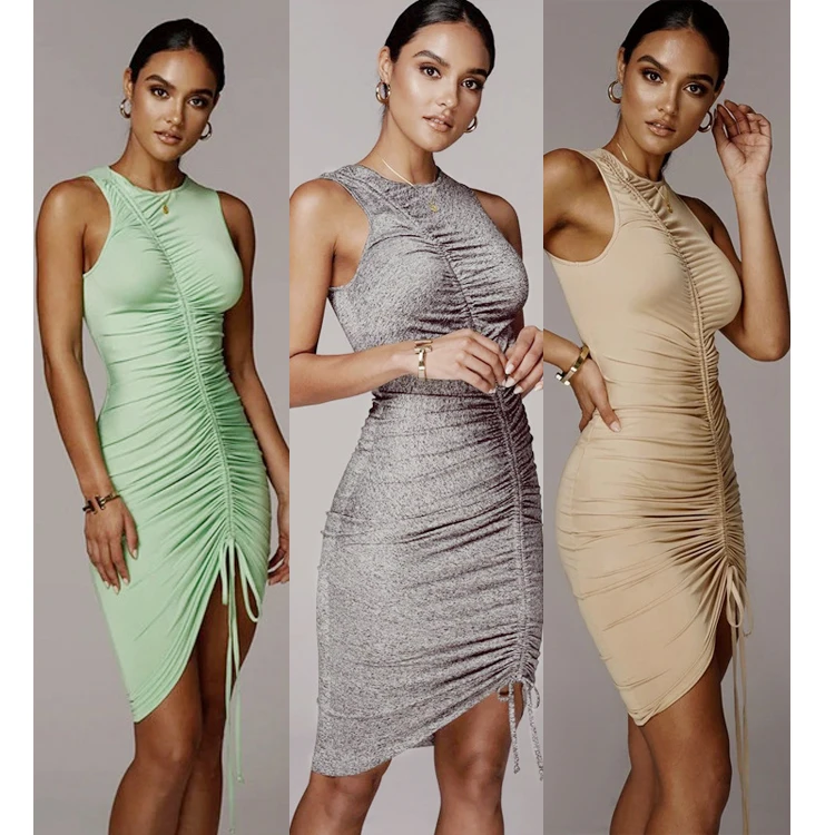 

Free Shipping Autumn New Amazon hot sale solid Solid Color female sexy pleated drawstring bodycon night club dresses women
