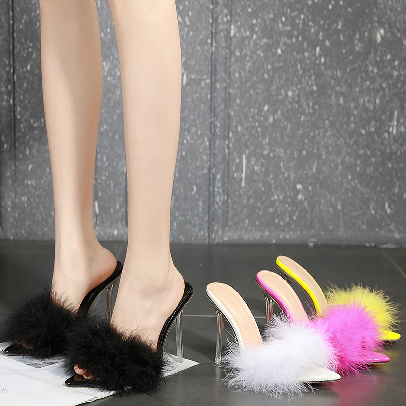 

2021 new fashion sexy girls summer women shoes pointed toe stilettos high clear heels slides furry pom sandals, Roes red, white, black, yellow