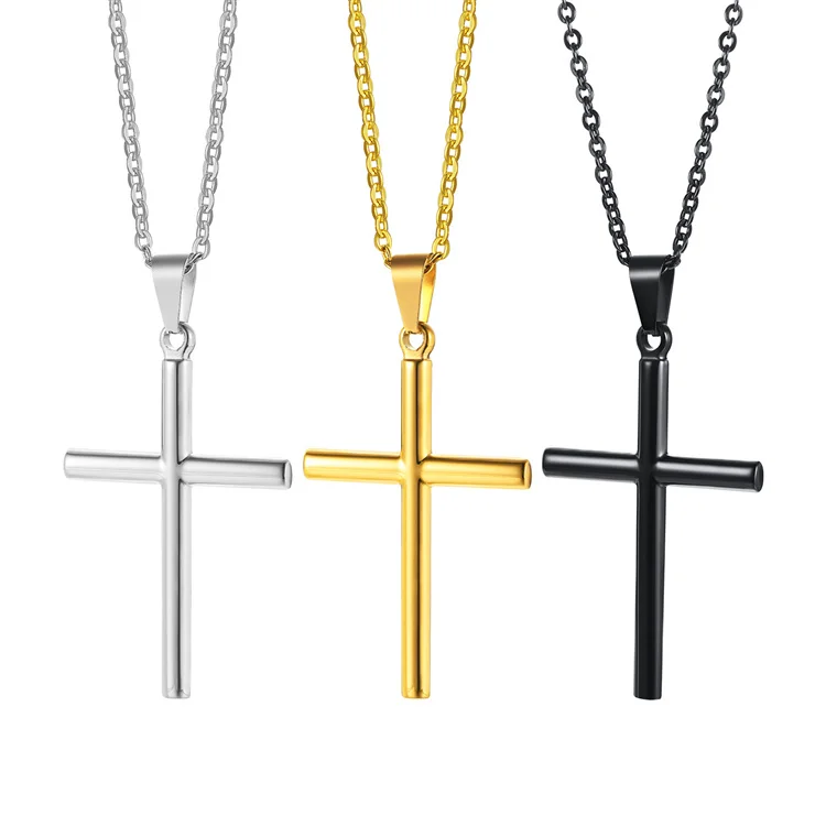 

Fast delivery non tarnish 316L stainless steel necklace waterproof 18k gold plated o chain cross pendant necklaces