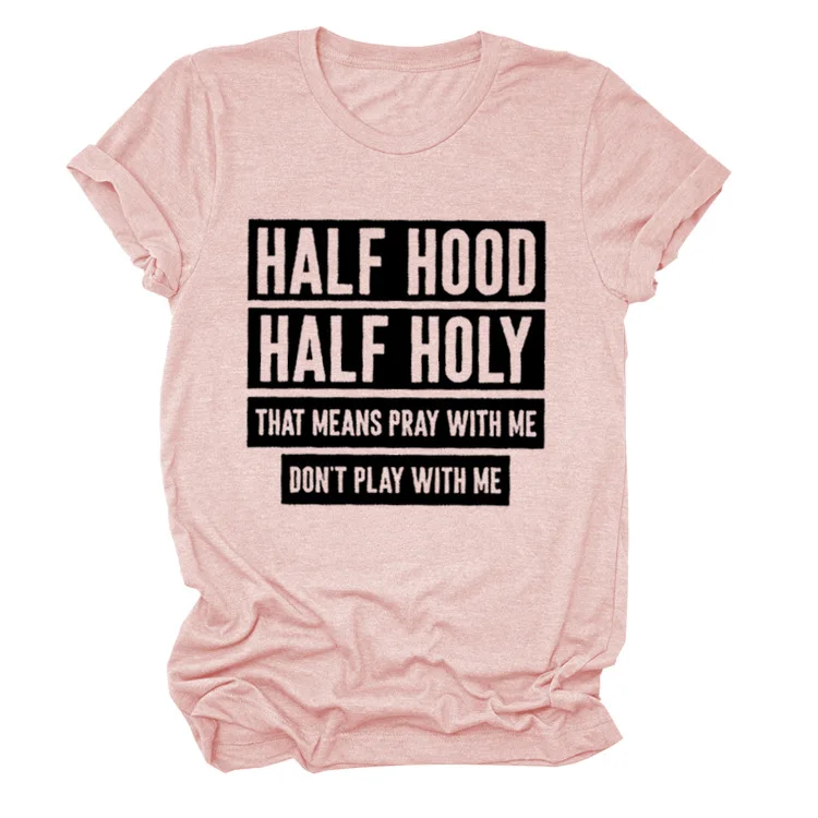 

Half hood half holy letter round neck loose casual short-sleeved pullover large size bottoming t-shirt women