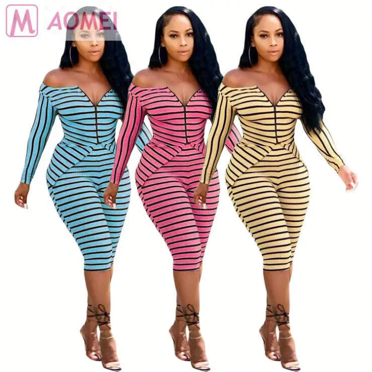 M9032 good quality off shoulder striped knitted 2019 women fashion casual jumpsuit 2 piece pant set