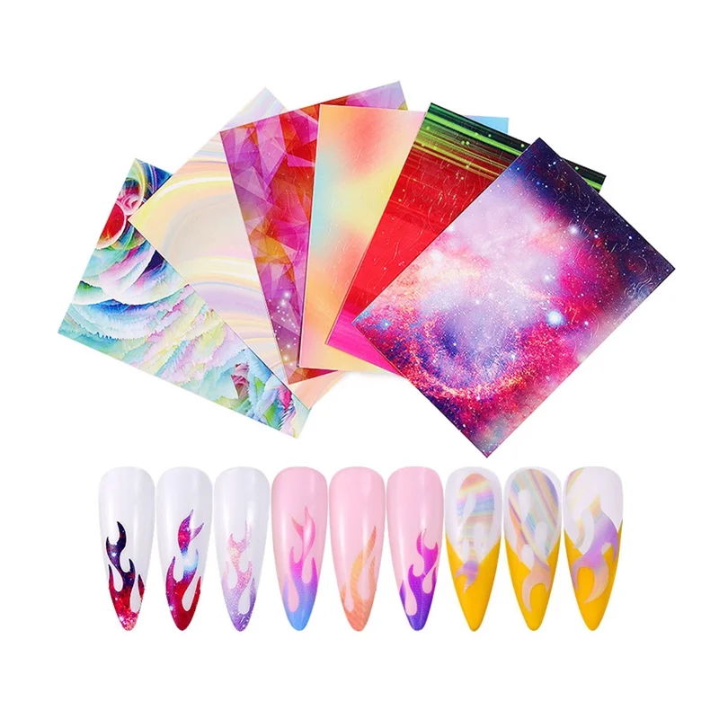 

6Pcs/Set Fire Flame Nail Stickers Holographic Hollow Stencil Stickers Sky Starry Adhesive Nail Art Decal Fire Manicure Decoratio