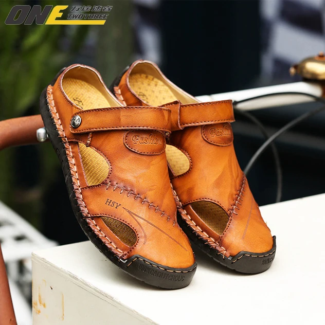 

2020 new fashion plus-size sandals for men summer leather outdoor beach shoes soft soles European and American baotou sandals co