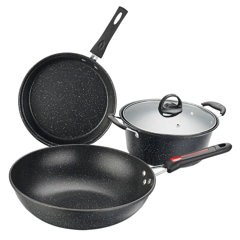 

3pcs non stick pots and pans set fine iron kitchen gift frying kitchenware set hot sale soup pot wok frying pan cookware sets