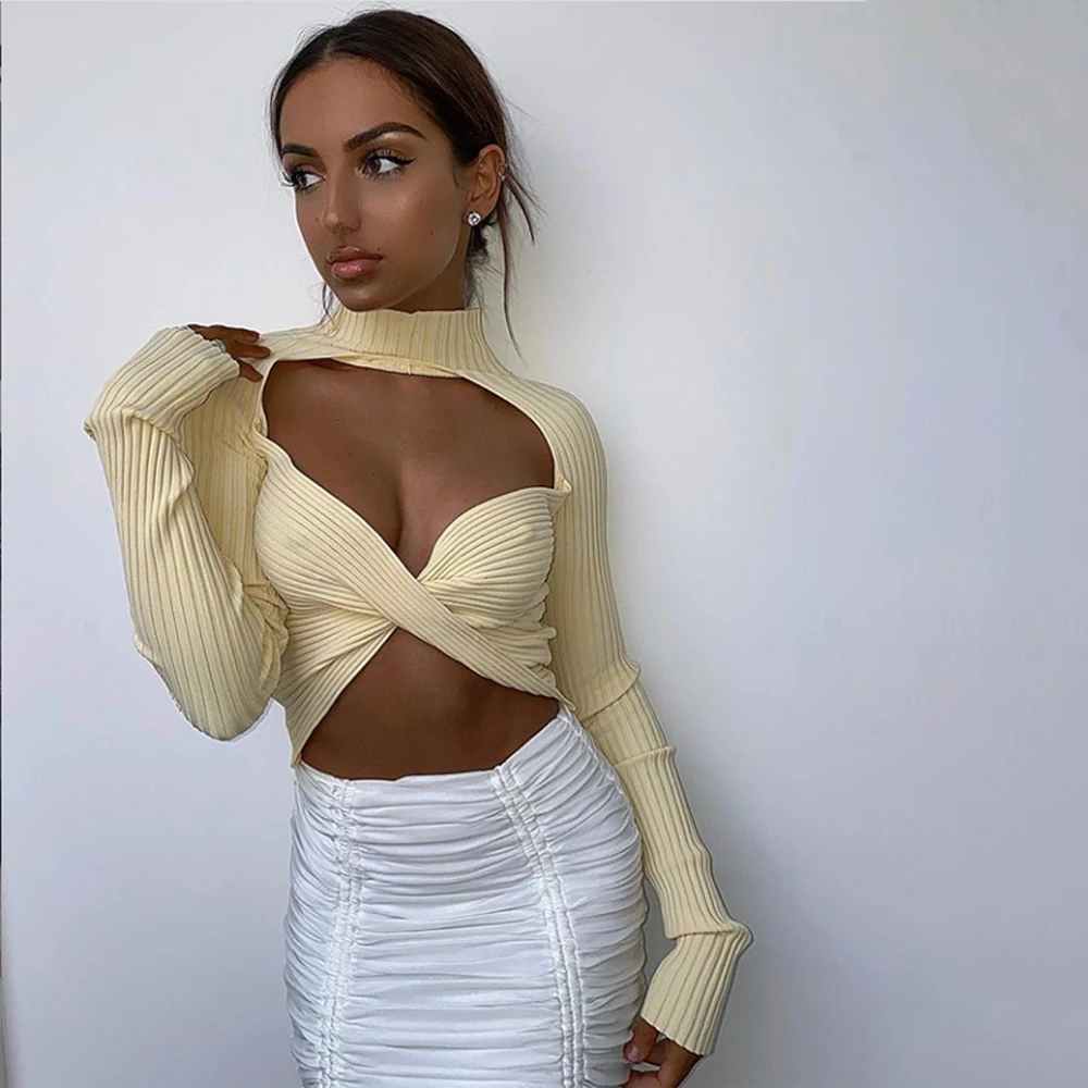 

2021 INS hot girls' crop tops sexy twisted hollow out ribbed ribbed crop top long sleeve crop top women clothing, White/oem