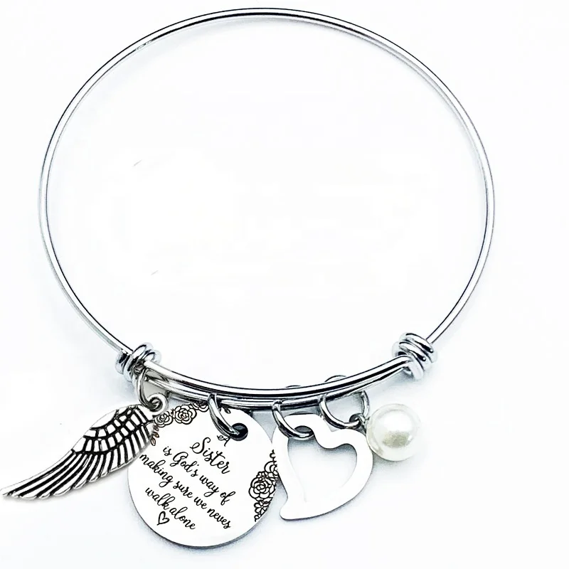 

Hot Selling Sister Bracelet Stainless Steel Round Plate Bracelet Adjustable Heart Pearls Wings Pendant Bracelet for Women Girls, Silver