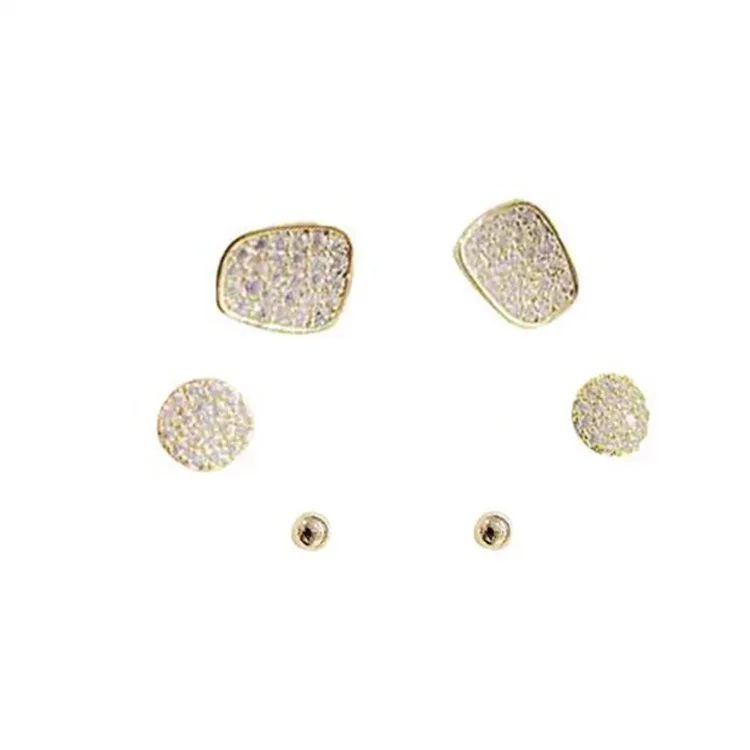 ED62826 Fashion design gold plated brass zircon women jewelry three pairs set irregular stud earrings