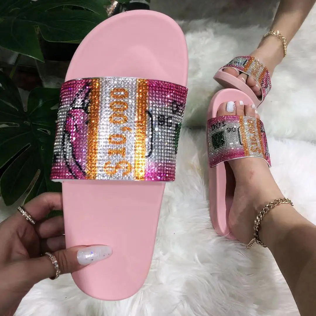 

2021 new arrivals Summer Popular Style US Dollar Pattern Rhinestone Diamond Fashion Women Outdoor Beach Slippers And Slides, Black/ pink/white