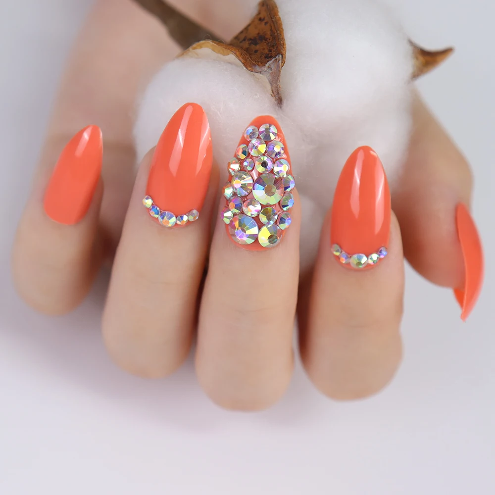 24 Pcs Designed Press On Nails With Diamonds For Women Long Round Artificial Short Nails Artificial Fingernails For Women