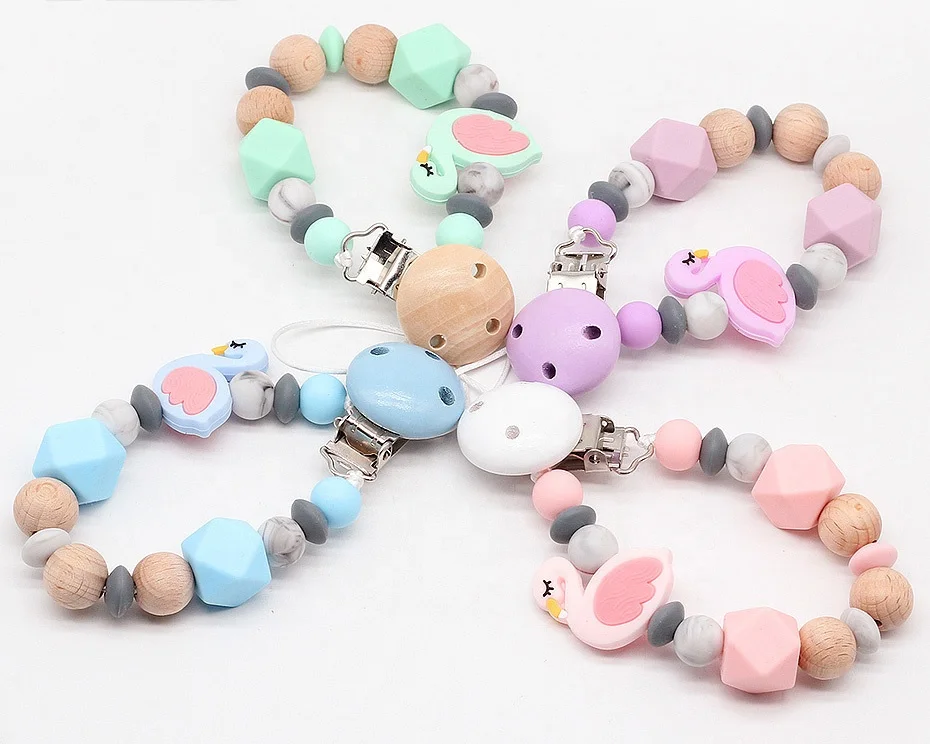 

Baby Pacifier Clips Flamingo Beads Dummy Chain Holder Infant Newborn Baby Teether Soother Chain BPA Free