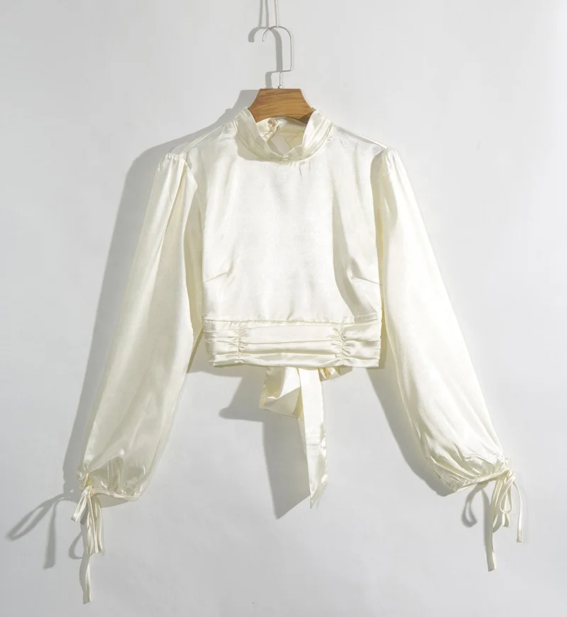 

B51482A Western lady stylish flounced backless long sleeve silk t-shirt, Show
