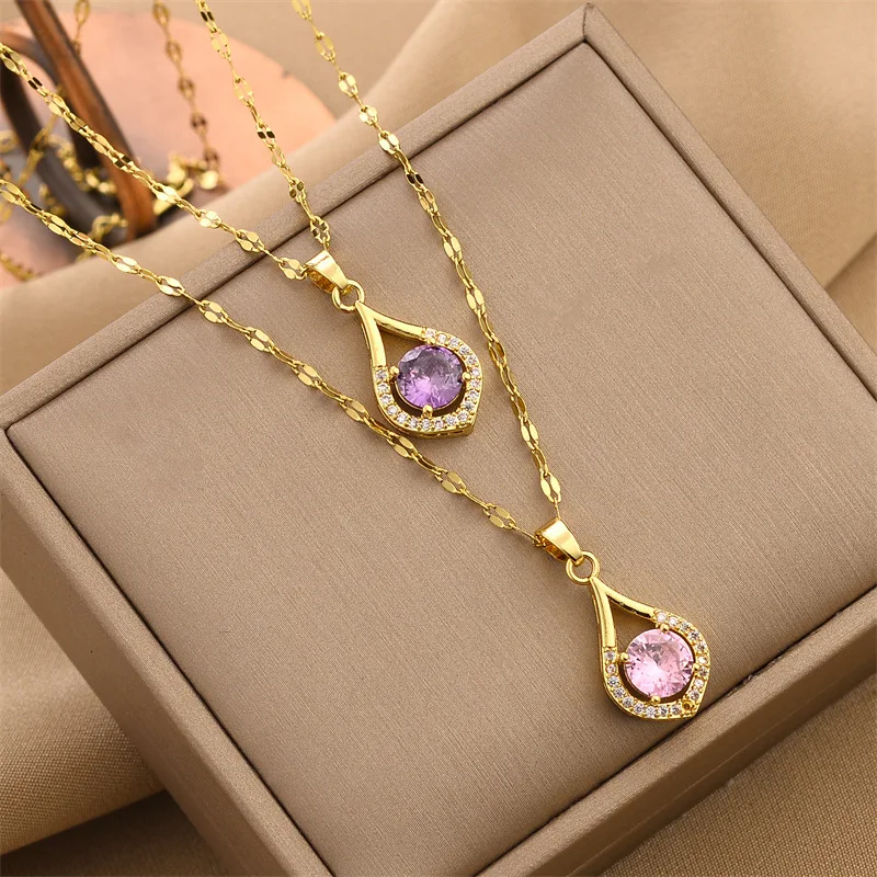 

Sailing Jewelry Newest Gold Plated Waterdrop Pendant Necklace Charming Full Diamond Titanium Steel Waterdrop Necklace