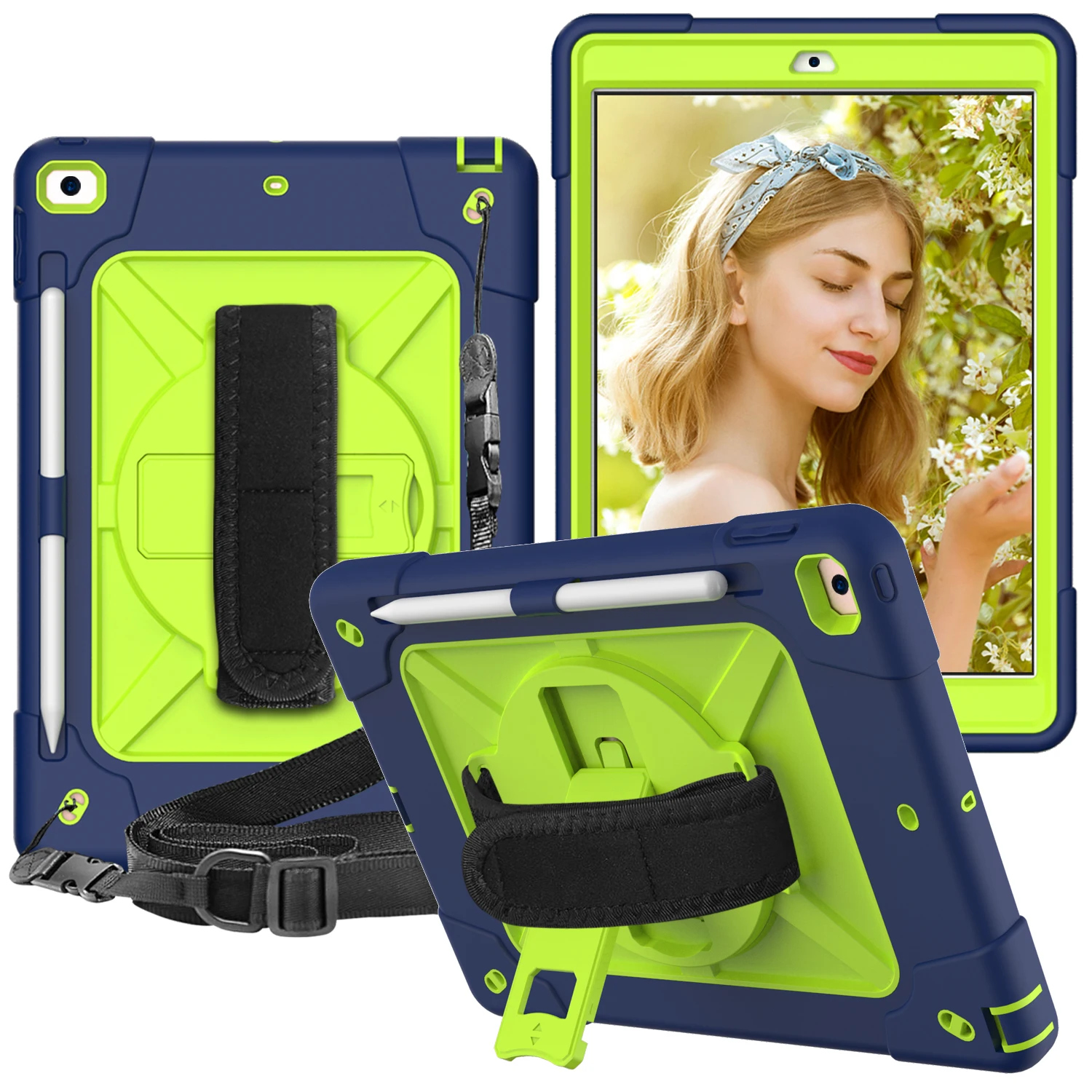 

For iPad 10.2 2019/2020 Case with Pencil Holder Rugged Silicon Stand Hand Shoulder Strap Tablet Cover For iPad 10.2 7th/8th Gen