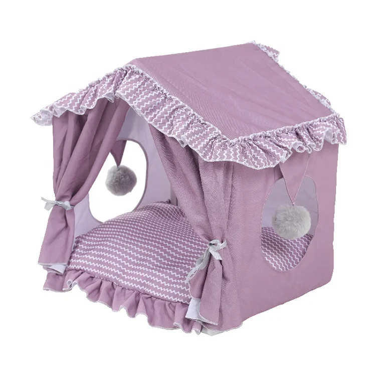 

New Design Indoor Cat House with Curtain Detachable Tent Shape Comfortable Cat Bed, Pink/blue