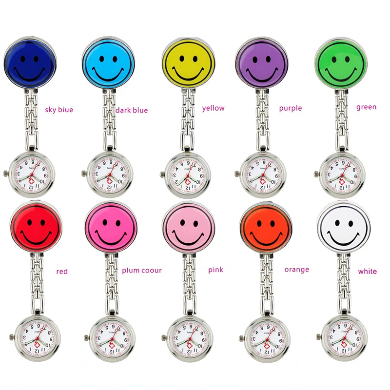 

Wholesale Smile Face Nurse Fob Watch Stainless Steel Assorted Colors Brooches Quartz Nurse Watch