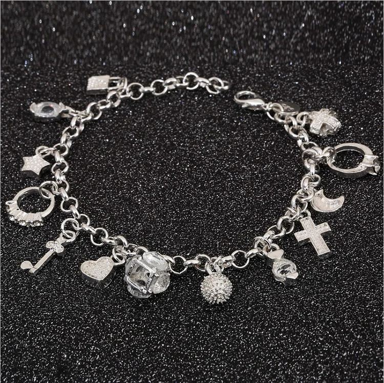 

Simple Silver Plated Cross Moon Key Lock Heart Ball Star Charm Chain Jewelry Multi-Element Bracelet