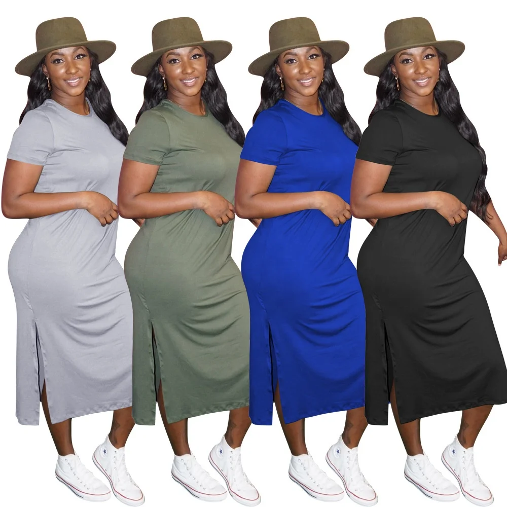 

LW D8272 Amazon hot women's round neck short sleeve solid color slit dress women dresses long maxi, 4 colors available
