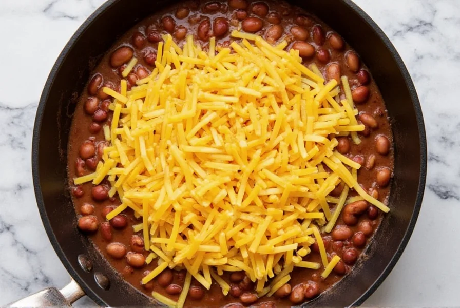 Homemade recipe using Hormel chili no beans in a skillet with cheese topping