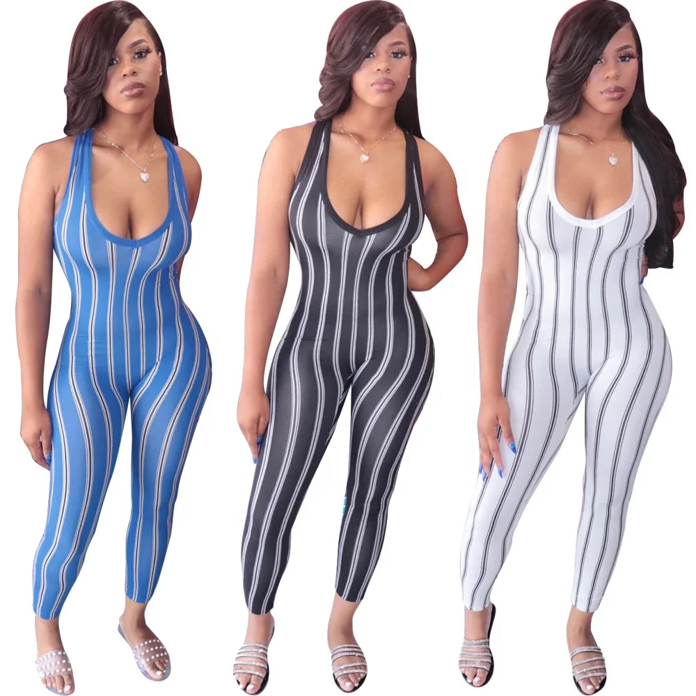 

MT18-128 2020 New Womens Halter Straps Hot Sexy Low Neck Striped Bodycon One Piece Jumpsuit Romper