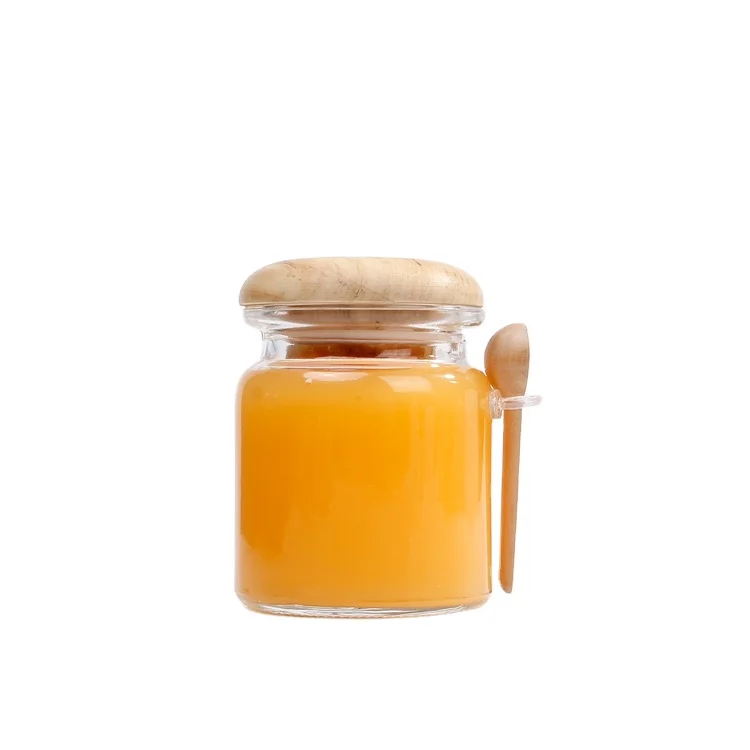 

100ml 250ml Round Glass Honey Jar with Wooden Lid and Spoon