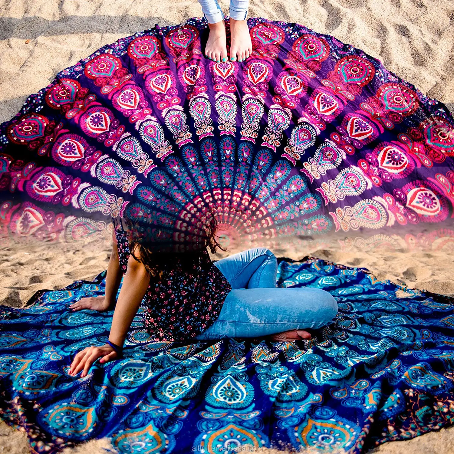 Big Roundie Round Yoga Mat Grey Mandala Flower 72" Inches Fabric Indian Cotton