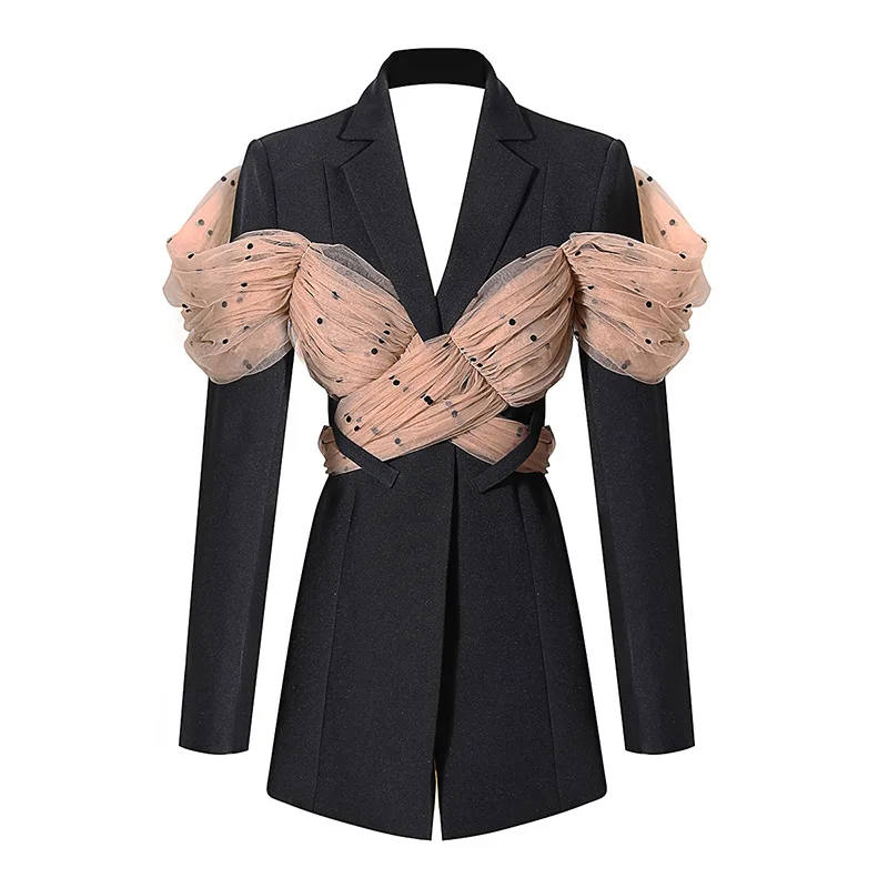 

Black silk scarf waistband ladies blazer open back sexy women's blazer spring and autumn party ladies blazer, Black(can be customized)