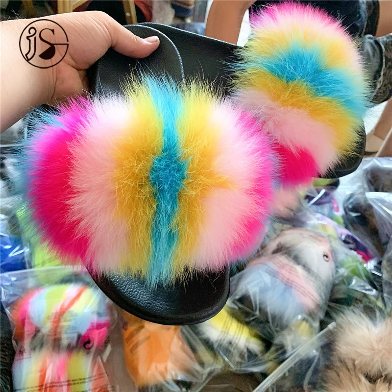 

Soft sole fluffy animal outdoor women shoes footwear 100% fluffy fox fur slippers women slippers furry slides, Picture