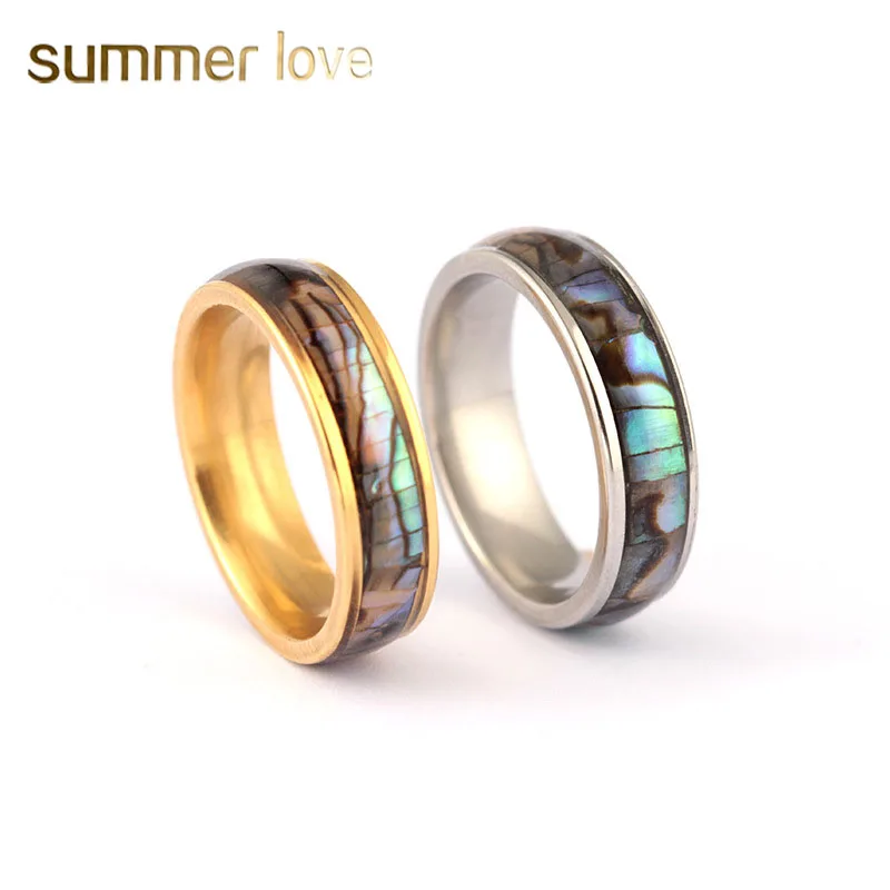 

New Arrival 6MM Stainless Steel Gold Inlaid Color Shellhard Abalone Shell Ring for women and men Couple Wedding Jewelry