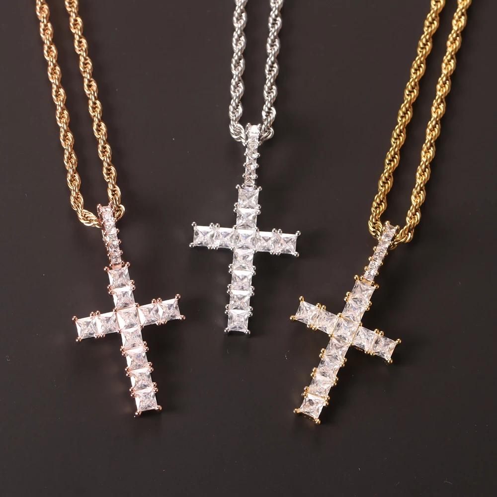 

NEW POPULAR Bling Square Large Zircon Cross Pendant Gold Silver Color Necklace For Women Men Hip Hop Party Jewelry Birthday