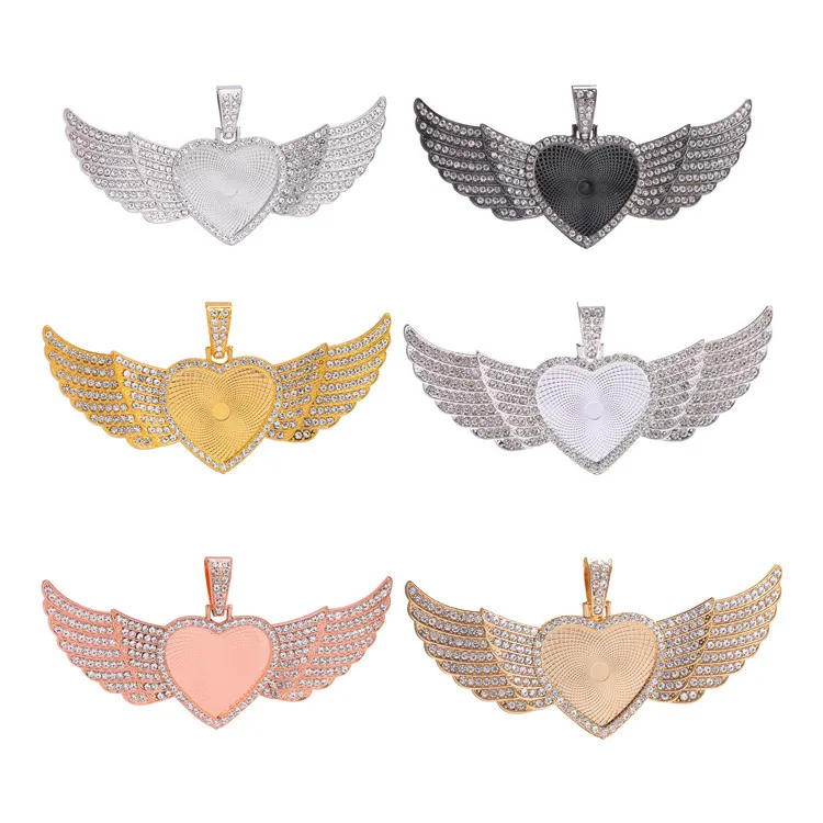 

2021 Hot Sale Diy 32mm Angel Wings Heart Rhinestone Photo Pendant Necaklace Tray Base For Making Jewelry, Picture shows