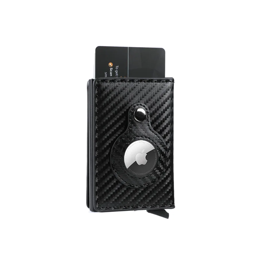

Black Carbon Fiber RFID Blocking PU Leather Card Holder With Airtag Cover For Holding Apple Airtag Anti Lost Device, Black, yellow, coffee brown, blue, wine red, carbon fiber black
