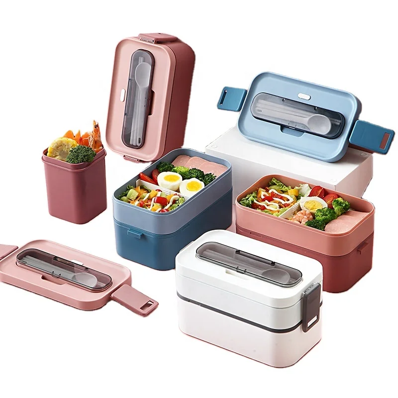 

Office School Portable Large Kid Picnic Bento Box Plastic Keep Warm Food Container Double Layer Lunch Box with Tableware