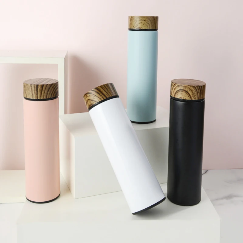 

Eco Stainless Steel Double Wall Insulated Vacuum Flask 500ml tea infuser water bottle Custom logo Wooden Grain Color Lid, As picture