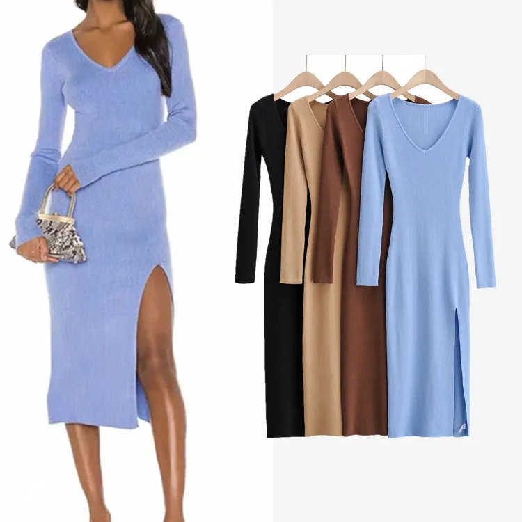 

New Autumn And Winter France Style Fashion Deep V-neck Side Split Knitted Long Sleeved Sweater Dress Mid-length Skirt, Khaki/brown/black/blue
