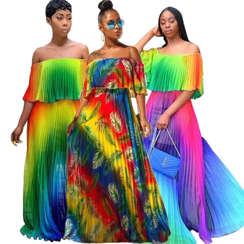 

SADF0646 Color gradient design fashion print summer women off shoulder long pleated maxi dress, As pictures showed