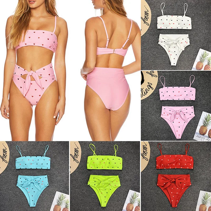 New Women Girls High Waist Bowknot Adjustable Shoulder Strap Sexy Triangle Heart Printing Two-piece Suit Swimwear Beach Bikini
